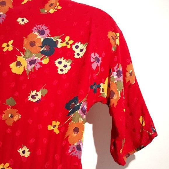 Robert Janan Dress Silk Red Floral Wrap Shirtdress Vtg - Picture 4 of 8